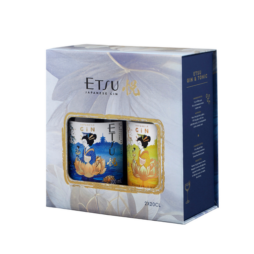 Gin Etsu giftpack 
Gin Etsu wordt gemacereerd met yuzu, groene theebladeren, kersenbloesems en sancho peper in koperen ketels.
Gin Etsu Double Yuzu wordt geproduceerd in de Akita-distilleerderij op het eiland Honshu, gelegen aan de kust van de Japanse Zee nabij het U-gebergte.