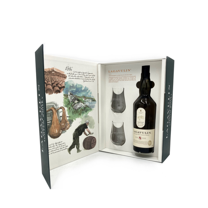 In deze luxe geschenkverpakking zit een fles Lagavulin 8Y van 70cl en twee bijpassende proefglazen.